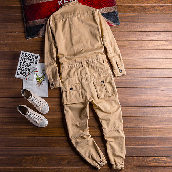 Men's Vintage Hiphop Streetwear Jumpsuits Long Sleeve Cargo Rompers With Pocket Coverall Romper Boiler Suit