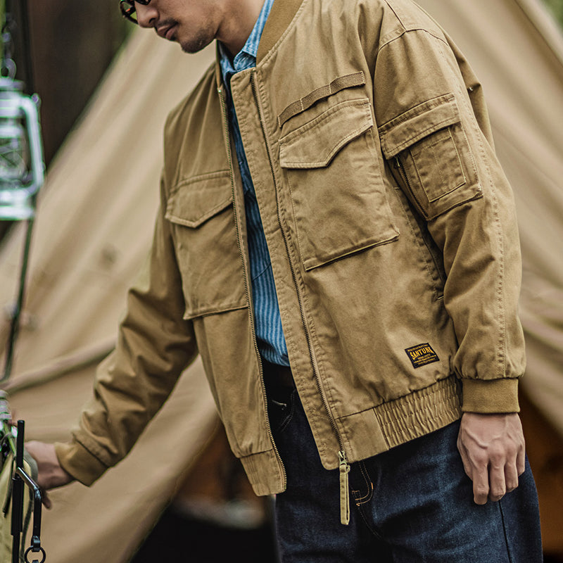 American Retro Bomber Jacket MA-1 Khaki Multi-pocket Camping Outdoor Jacket