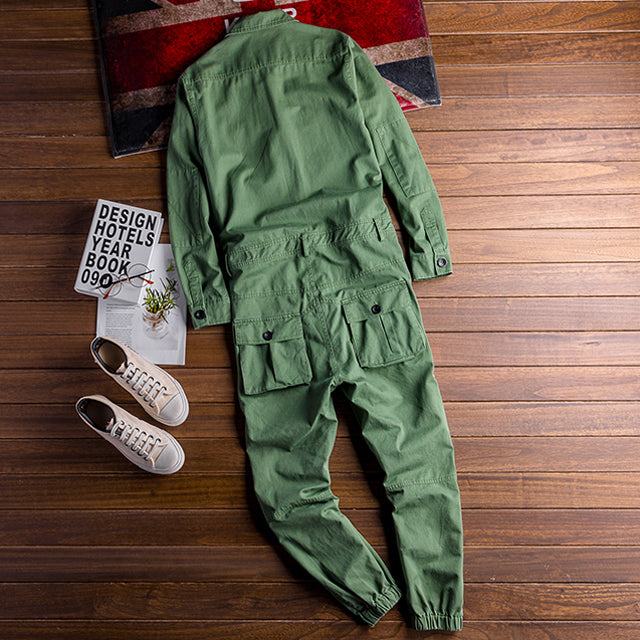 Men's Vintage Hiphop Streetwear Jumpsuits Long Sleeve Cargo Rompers With Pocket Coverall Romper Boiler Suit