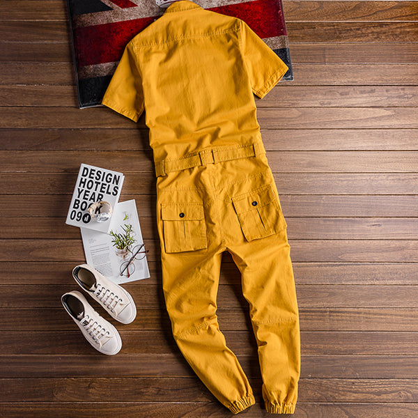 Retro Casual Multi-Pocket Boilersuit Short Sleeve Jumpsuits Workear Coveralls Streetwear Overalls Playsuit
