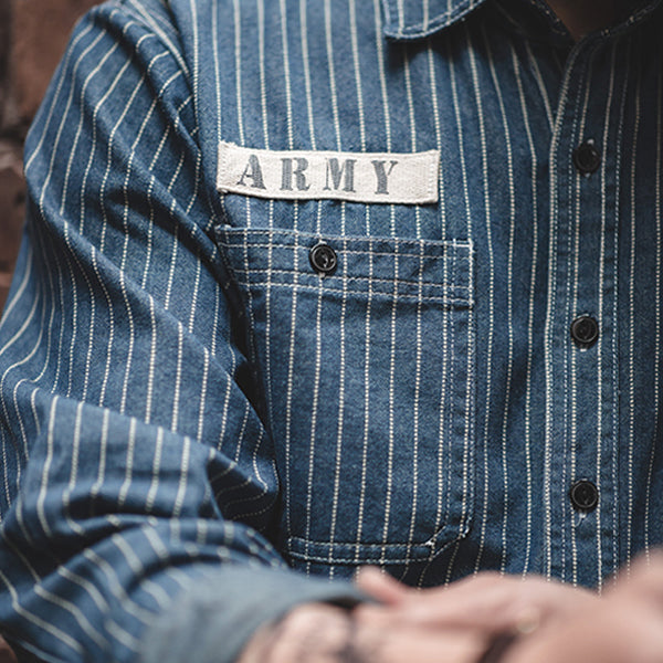 Men's Retro Railroad Striped Long Sleeve Shirts With Pocket