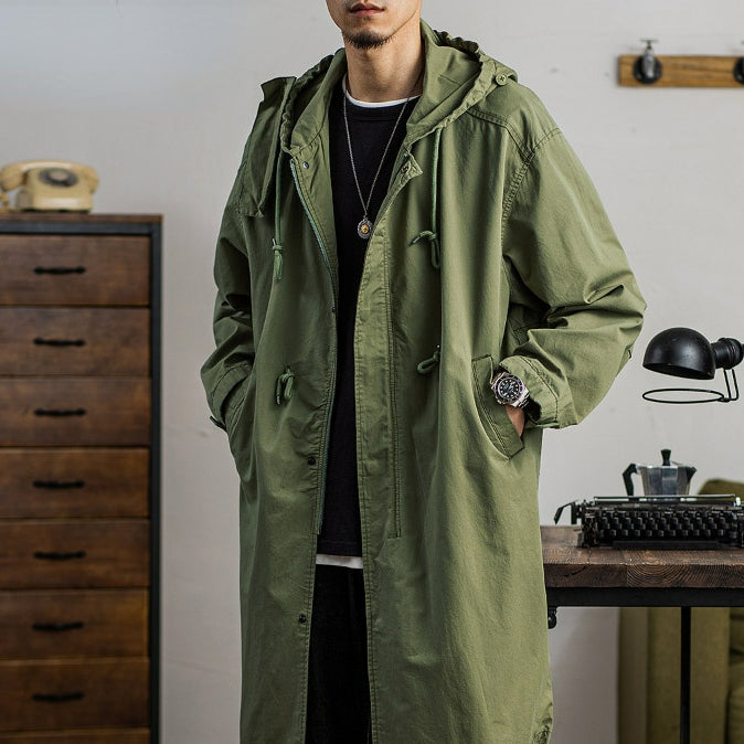 Men's Mid-length Retro Hooded Trench Coat Military Loose Casual Windbreaker