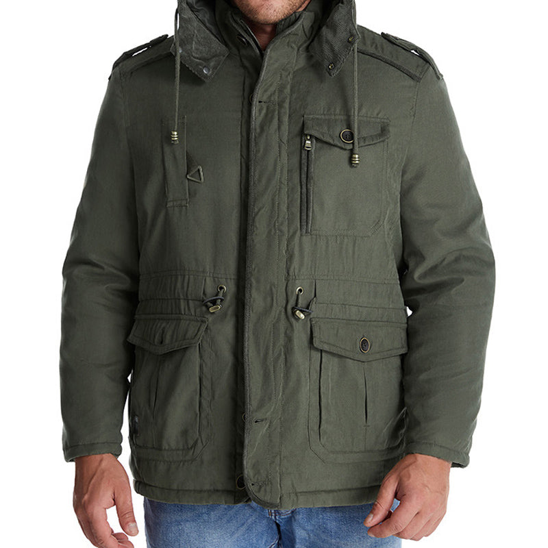 Men's Plus Size Lamb Velvet Hooded Cotton Jacket Thickened Multi-pocket Cotton Top Casual Mid-length Jacket