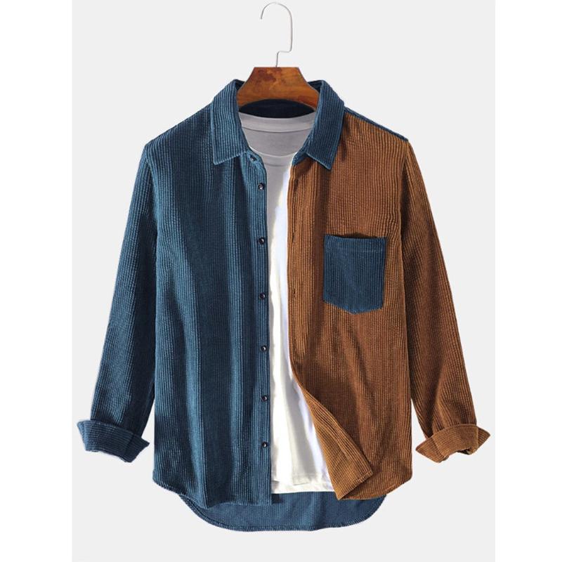 Men's Corduroy Patchwork Casual Loose Long Sleeve Shirt