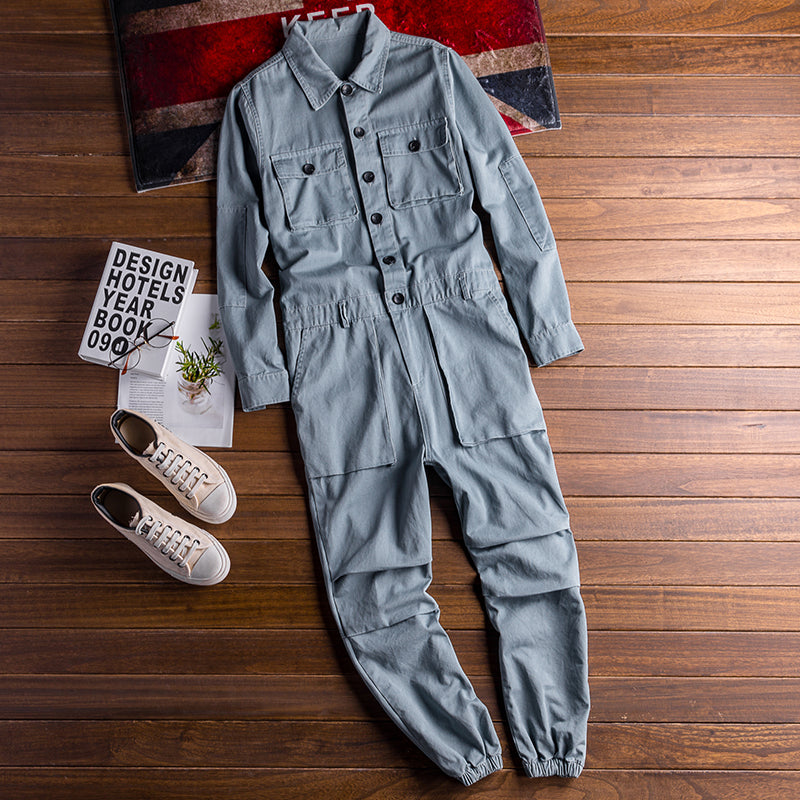 Men's Vintage Hiphop Streetwear Jumpsuits Long Sleeve Cargo Rompers With Pocket Coverall Romper Boiler Suit