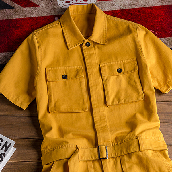 Retro Casual Multi-Pocket Boilersuit Short Sleeve Jumpsuits Workear Coveralls Streetwear Overalls Playsuit