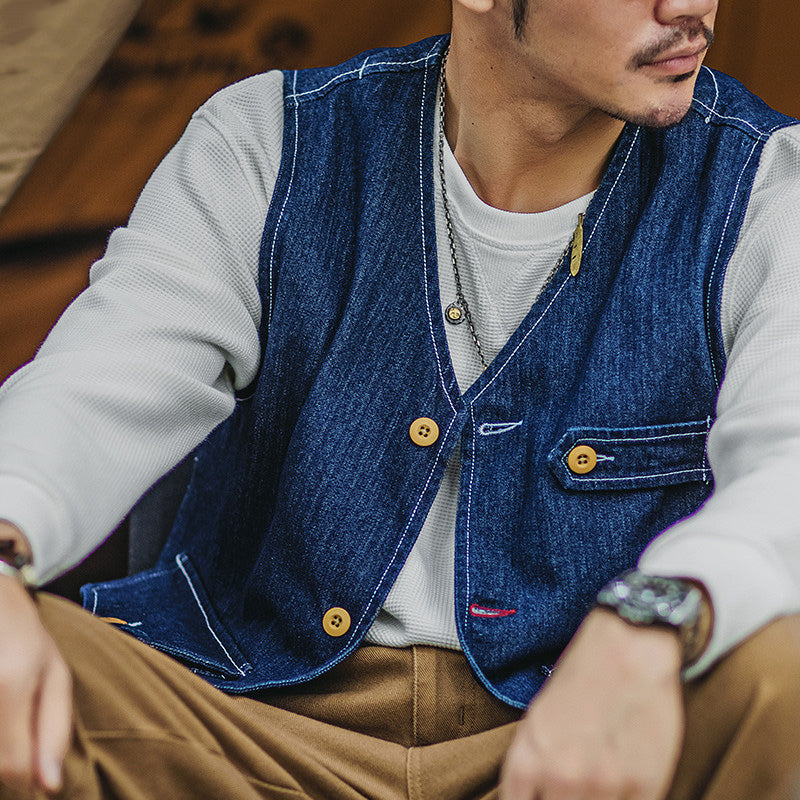 Men's Vintage Washed Stripe Denim Tool Vest