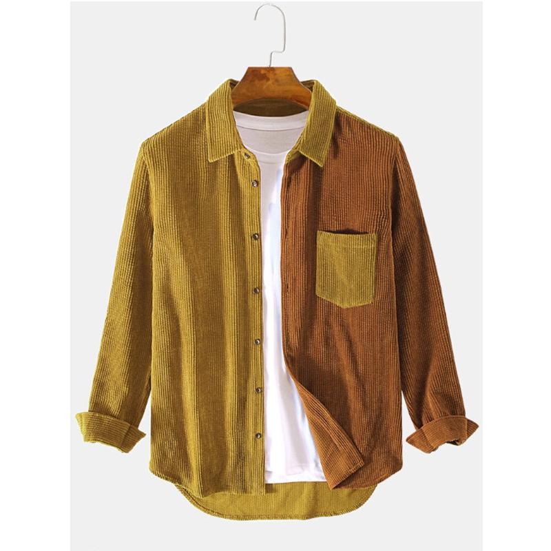 Men's Corduroy Patchwork Casual Loose Long Sleeve Shirt