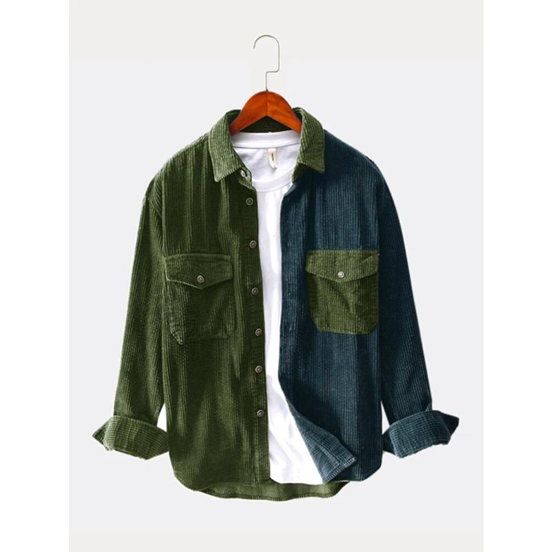 Men's Corduroy Patchwork Casual Loose Long Sleeve Shirt
