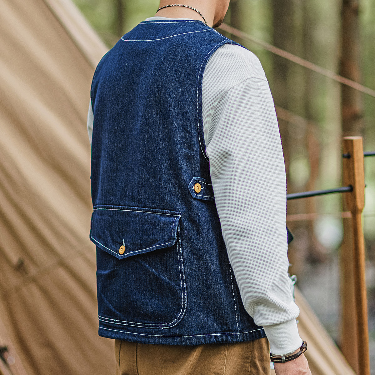 Men's Vintage Washed Stripe Denim Tool Vest