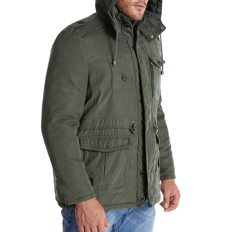 Men's Plus Size Lamb Velvet Hooded Cotton Jacket Thickened Multi-pocket Cotton Top Casual Mid-length Jacket