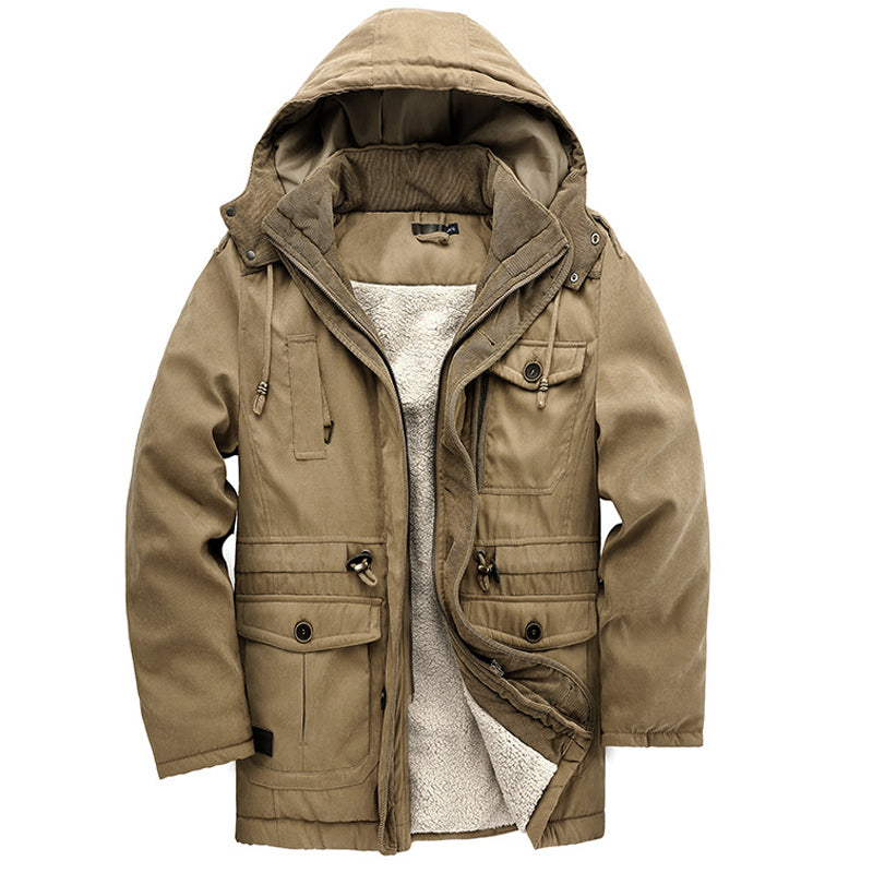 Men's Plus Size Lamb Velvet Hooded Cotton Jacket Thickened Multi-pocket Cotton Top Casual Mid-length Jacket