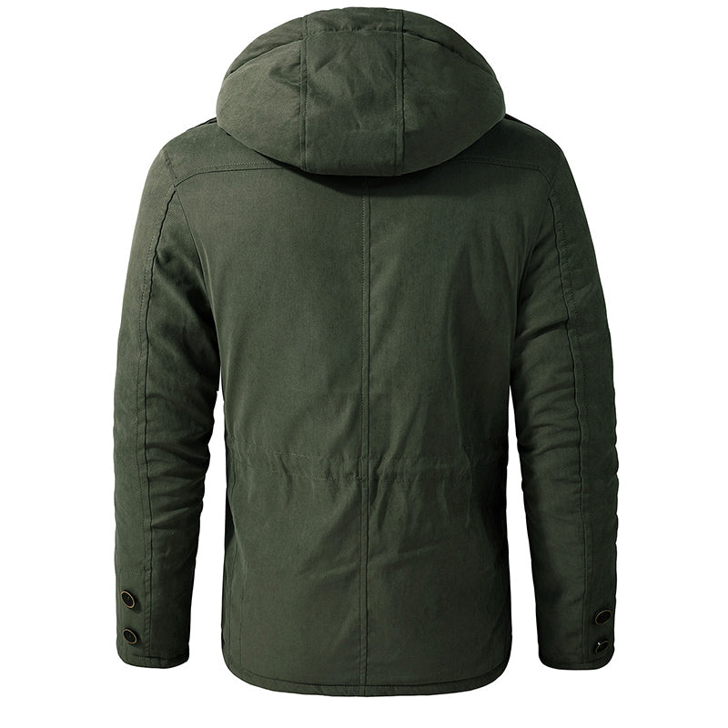 Men's Plus Size Lamb Velvet Hooded Cotton Jacket Thickened Multi-pocket Cotton Top Casual Mid-length Jacket