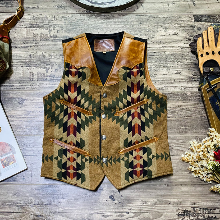 Men’s Navajo Totem Tobacco Waxed Cowhide Western Vest