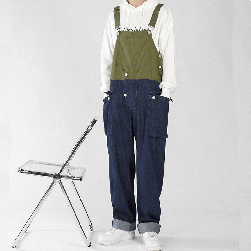 Men's Loose Straight Denim Stitching Overalls