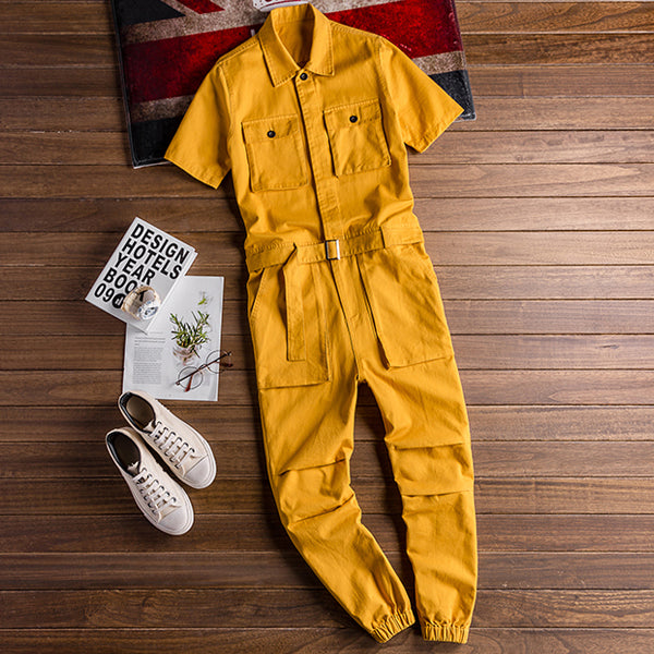 Retro Casual Multi-Pocket Boilersuit Short Sleeve Jumpsuits Workear Coveralls Streetwear Overalls Playsuit