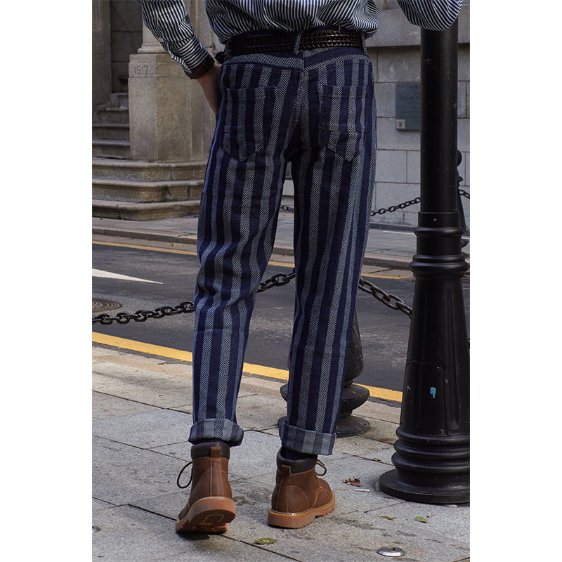 Men's Vintage Washed Nostalgic Jacquard High Waist Striped Jeans