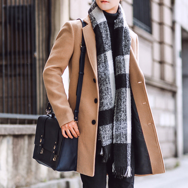 Men's Winter Woolen Trench Coat Mid-length Plus Cotton Windbreaker
