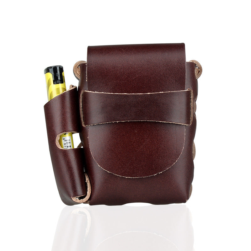 VIntage Handmade Portable Genuine Leather Cowhide Cigarette Case With Lighter