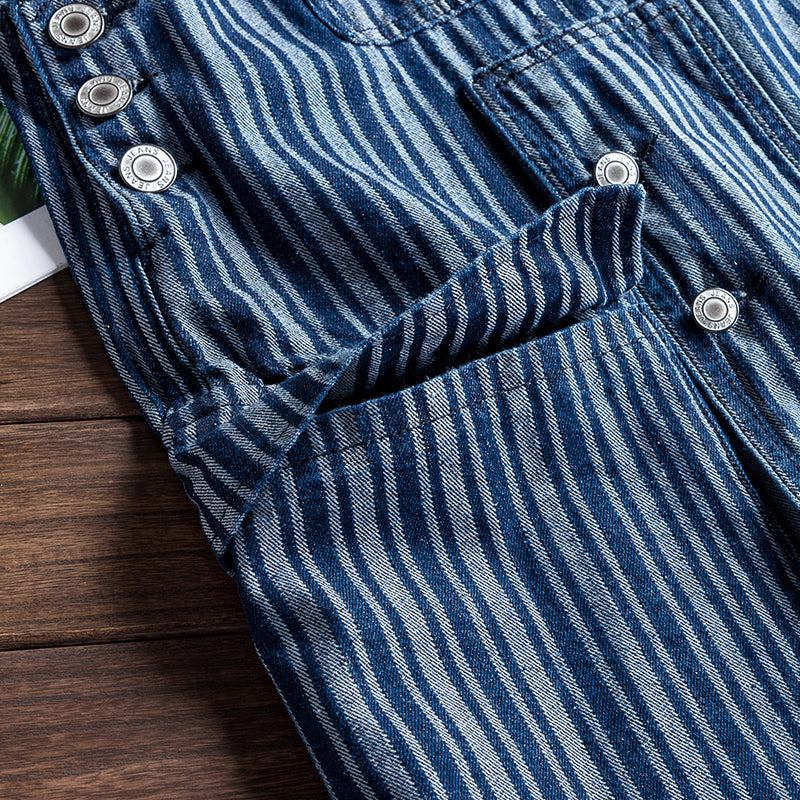 Men's Oversize Striped Denim Jumpsuit Suspender Pants Streetwear Overalls