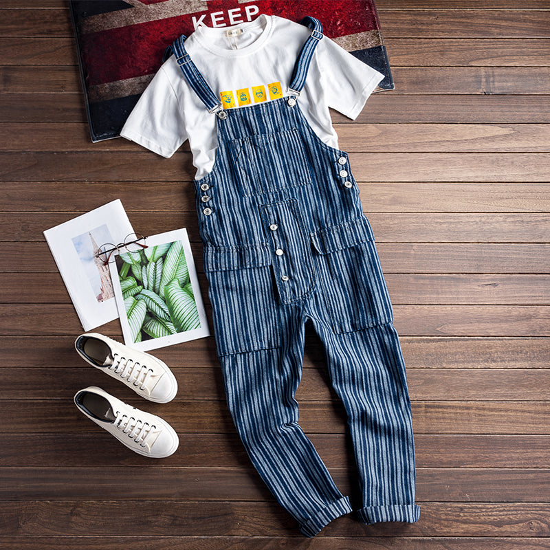 Men's Oversize Striped Denim Jumpsuit Suspender Pants Streetwear Overalls