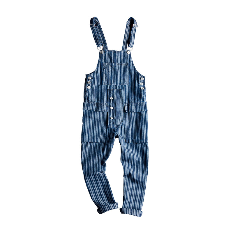 Men's Oversize Striped Denim Jumpsuit Suspender Pants Streetwear Overalls