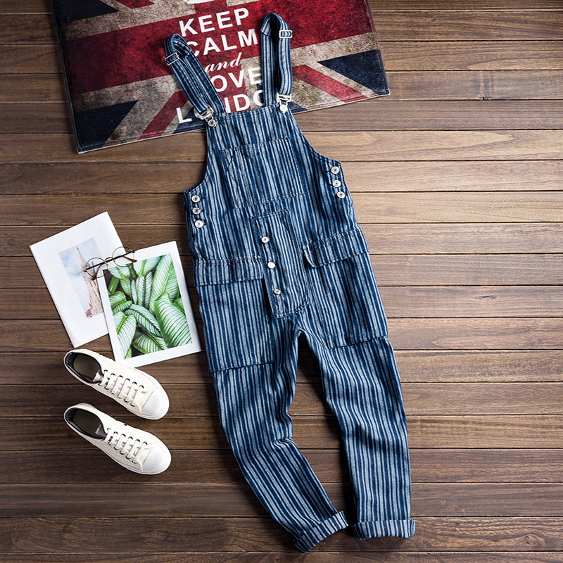 Men's Oversize Striped Denim Jumpsuit Suspender Pants Streetwear Overalls