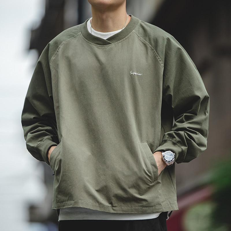 Retro Thin Army Green Stitching Loose Pullover