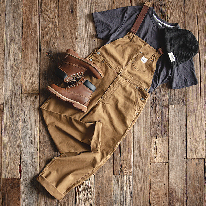 Men's Retro Khaki Classic Suspender Cargo Bib Overalls
