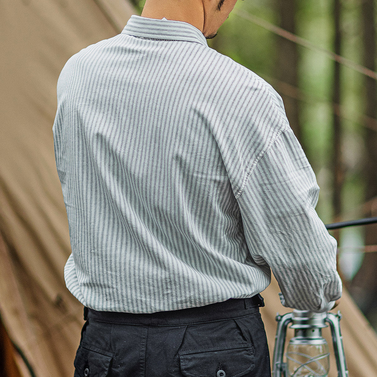 Men's American Retro Camping Outdoor White Pinstriped Shirt