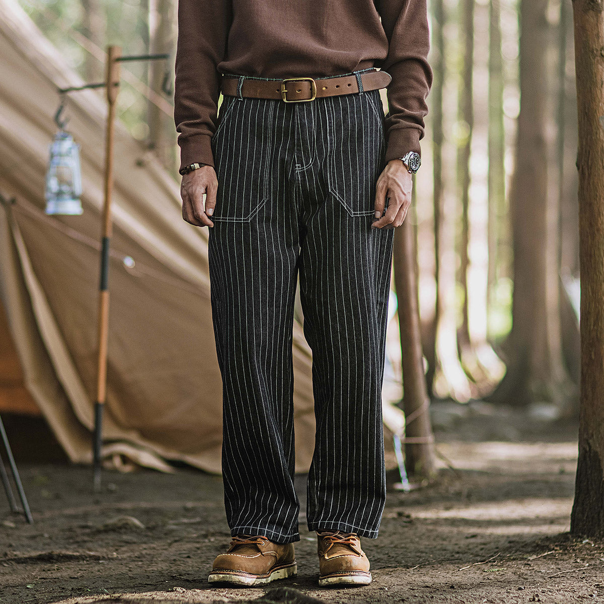 Men's Vintage Camping Loose High Waist Straight-leg Striped Cargo Jeans