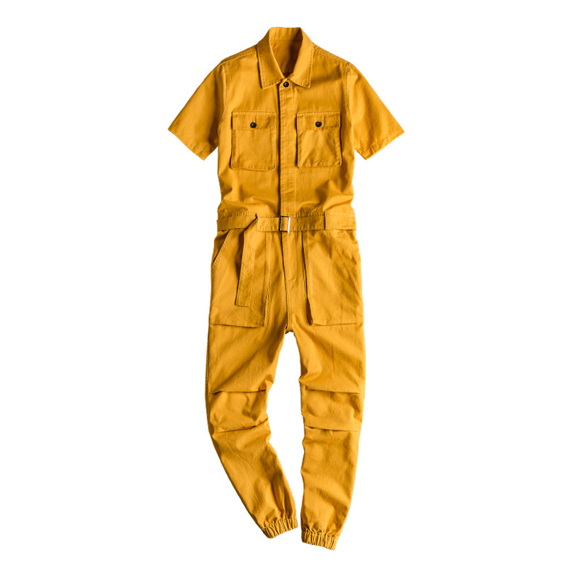 Retro Casual Multi-Pocket Boilersuit Short Sleeve Jumpsuits Workear Coveralls Streetwear Overalls Playsuit