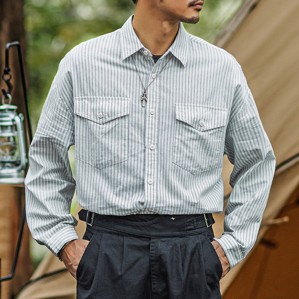 Men's American Retro Camping Outdoor White Pinstriped Shirt