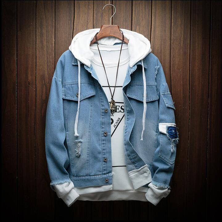 Men's Fashion Fake Two-piece Street Bomber Jacket Casual Patrick Denim Jacket