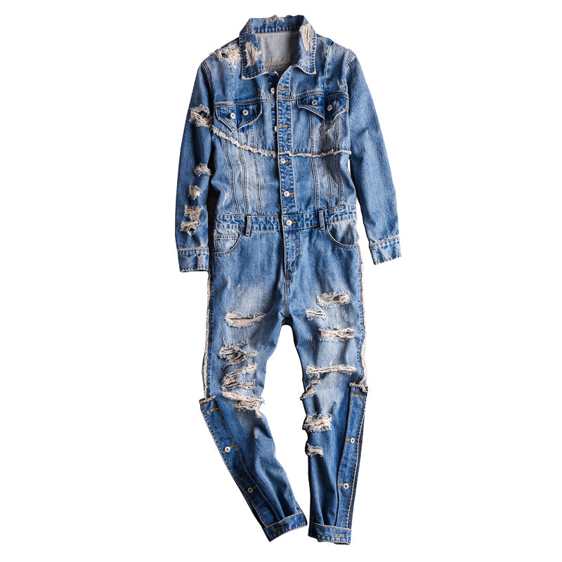 Men's Hip-hop Streetwear Ripped Denim Jumpsuit Long Sleeve Rompers Playsuit