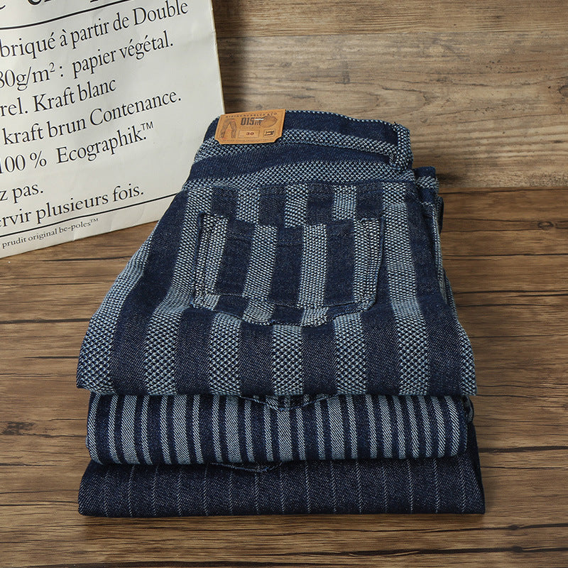 Men's Vintage Washed Nostalgic Jacquard High Waist Striped Jeans