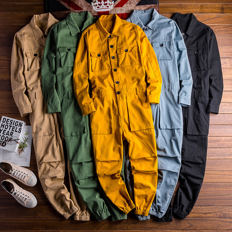 Men's Vintage Hiphop Streetwear Jumpsuits Long Sleeve Cargo Rompers With Pocket Coverall Romper Boiler Suit