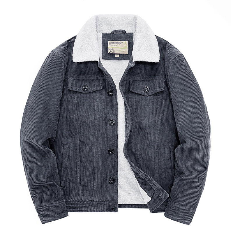 Corduroy Men's Jacket Plus Velvet Thickened Dtand Vollar Loose Large SizeLamb Cashmere Cotton Jacket