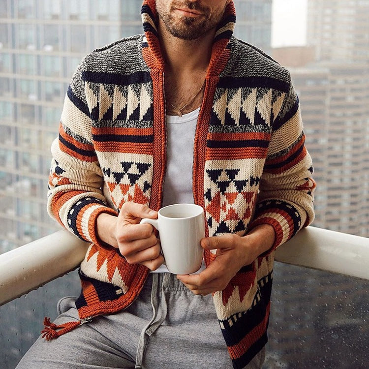 Men's Lapel Zip Cardigan Sweater