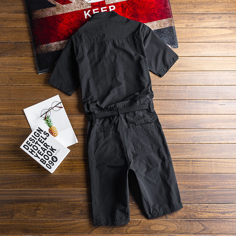 Retro Short Sleeve Workwear All-in-One Short Jumpsuit Streetwear Overalls Romper Playsuit