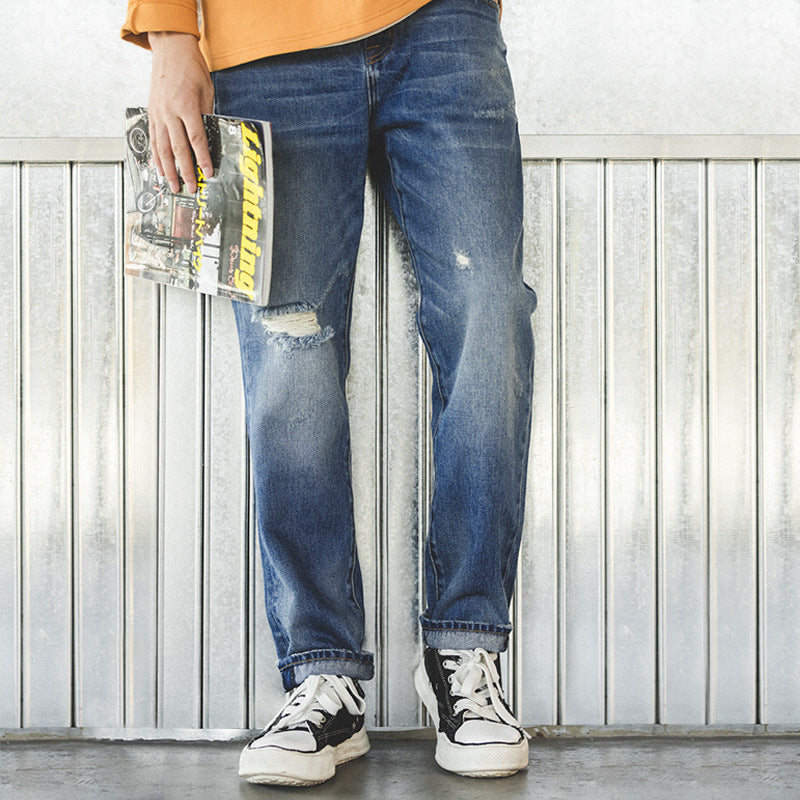 Men's Denim Jeans American Retro Slim-fit Ripped Washed Distressed Straight Trousers
