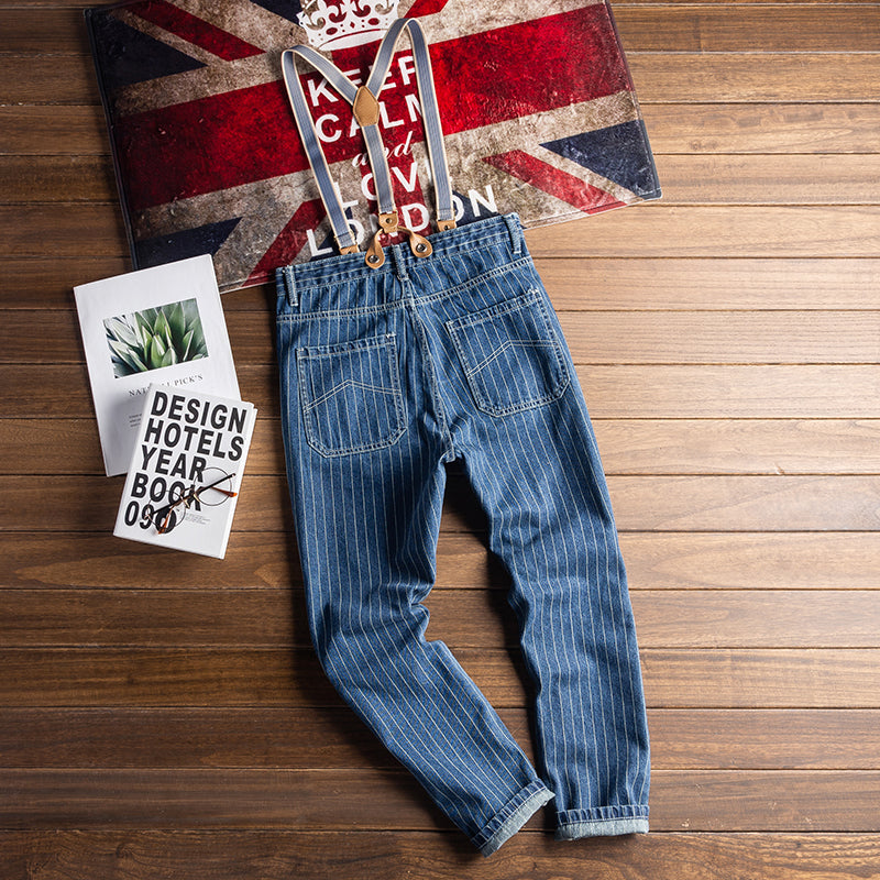 Retro Striped Denim Bib Overalls Cargo Pants Suspender Pants
