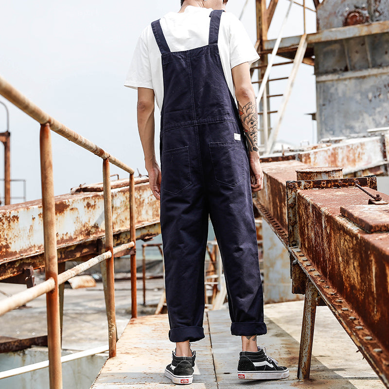 Men's Vintage Solid Color Large Pocket Front Loose Casual Work Bib Overalls