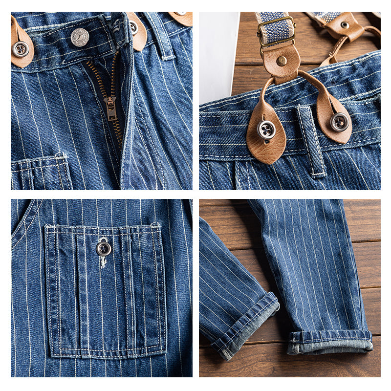 Retro Striped Denim Bib Overalls Cargo Pants Suspender Pants
