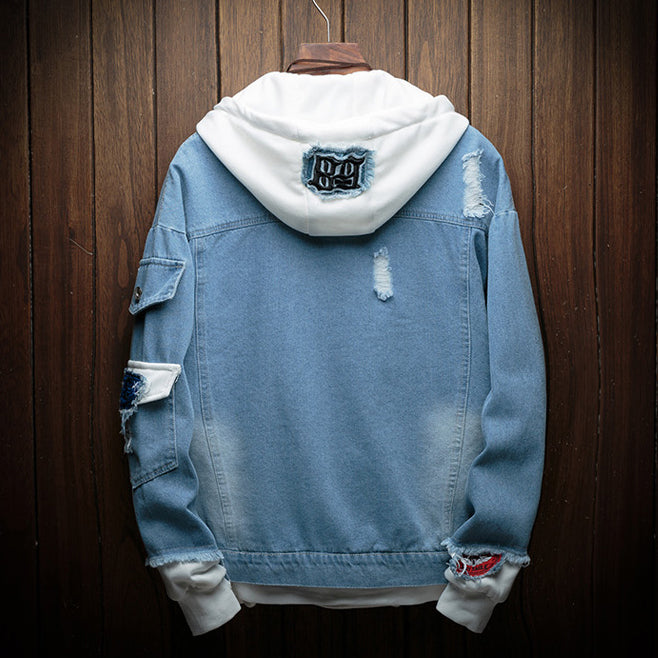 Men's Fashion Fake Two-piece Street Bomber Jacket Casual Patrick Denim Jacket