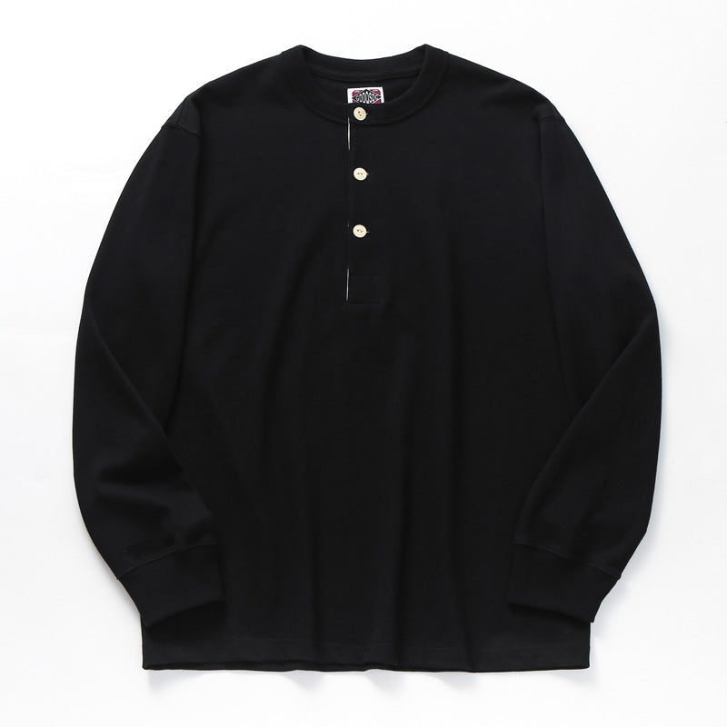 Men's Retro Super Thick Tooling Henry Collar Long Sleeve Solid Color T-Shirt
