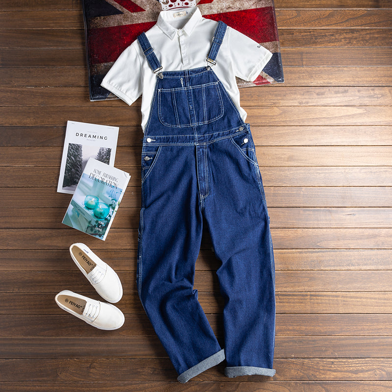 American Straight Loose Denim Jumpsuit Baggy Bib Overalls Suspender Pants