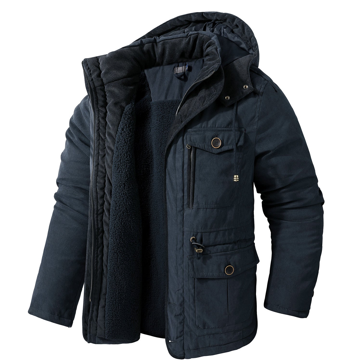Men's Plus Size Lamb Velvet Hooded Cotton Jacket Thickened Multi-pocket Cotton Top Casual Mid-length Jacket