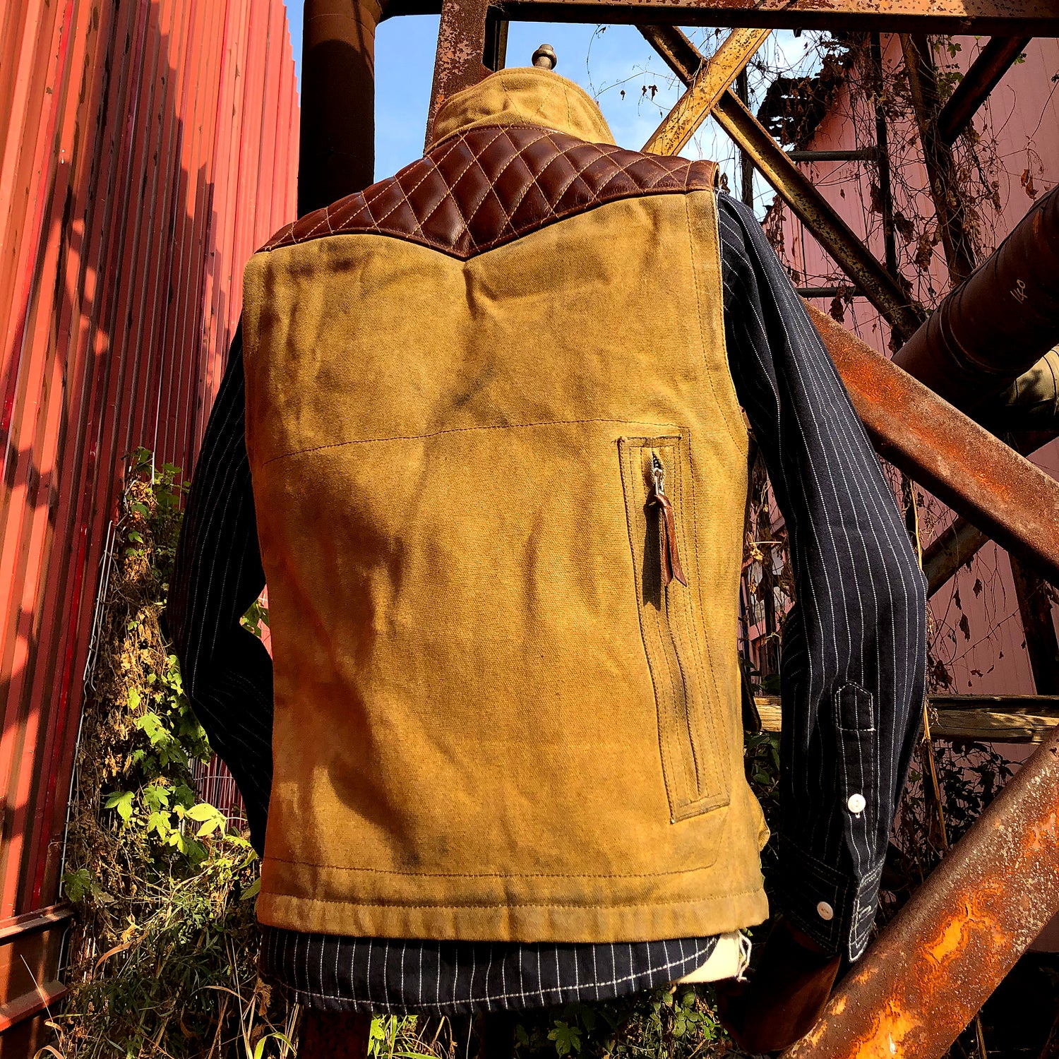 Men's Waxed Canvas Stitching Motorcycle Leather Wool Vest