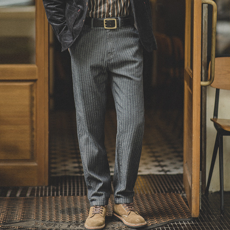 Men's High Waist Dress Pants American 90s Retro HBT Gray Jeans Straight Sim Striped Trousers
